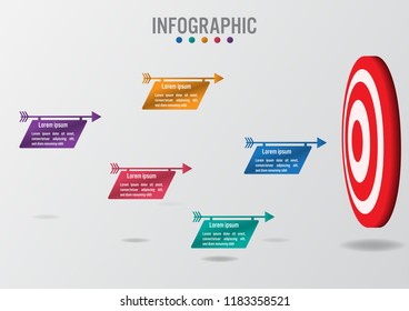 Business infographic template with 5 arrows options and target