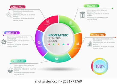 Modelo de infográfico de negócios com 5 listas, opções, etapas, processos. Modelo de apresentação comercial para fluxo de trabalho, estrutura de tópicos, gráfico, diagrama, informações etc. Modelo vetorial EPS 10.