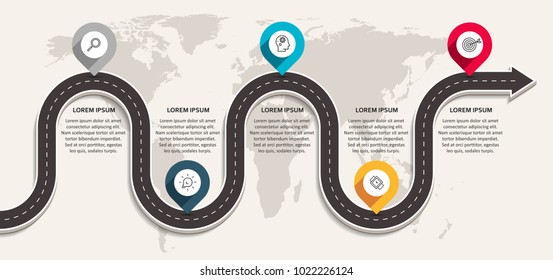 Business infographic template with 5  options, parts, steps or processes. Circular corporate timeline infograph elements. Modern vector info graphic design.