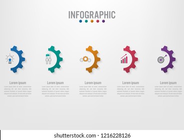 Business infographic template with 5 options half gear shape
