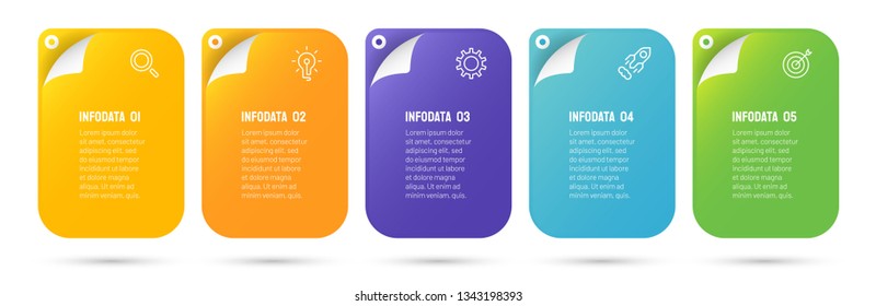 Business infographic template with 5 options and marketing icons. Creative design colorful paper elements. Can be used for presentation, annual report, business process step, banner, info graph.