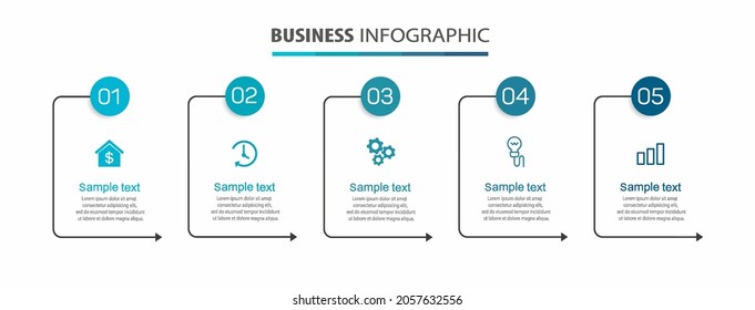 Business infographic template with 5 options, steps, process chart. Can be used for workflow layout, diagram, annual report, web design