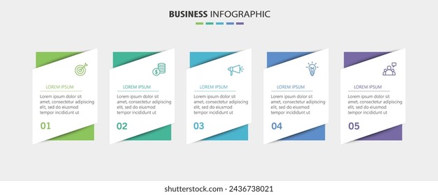 Plantilla de infografía de negocios con 5 opciones o pasos. Se puede utilizar para el diseño del flujo de trabajo, diagrama, informe anual, diseño web