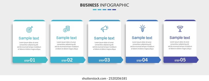 Modelo de infográfico de negócios com 5 opções ou etapas. Pode ser usado para layout de fluxo de trabalho, diagrama, relatório anual, design da Web