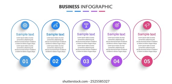 Business infographic template with 5 options, steps, process chart. Can be used for workflow layout, diagram, annual report, web design