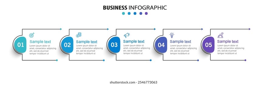 Business infographic template with 5 options, steps, process chart. Can be used for workflow layout, diagram, annual report, web design