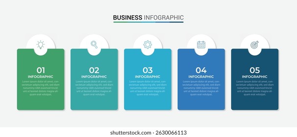 Business infographic template with 5 options, steps, process chart. Can be used for workflow layout, diagram, annual report, web design