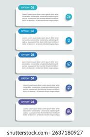 Business infographic template with 5 options or steps. Can be used for workflow layout, diagram, annual report, web design