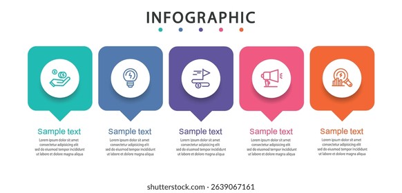 Business infographic template with 5 options, steps, process chart. Can be used for workflow layout, diagram, annual report, web design