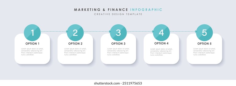 Modelo de infográfico comercial. 5 Passo da jornada de linha do tempo. Diagrama de processo, 5 opções sobre fundo branco. Ilustração de vetor de elementos de infográfico