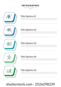 Modelo de infográfico comercial. 5 Passo da jornada de linha do tempo. Diagrama de processo, 5 opções sobre fundo branco, ilustração vetorial de elementos Infograph.