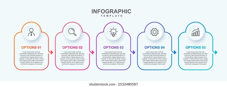 Modelo de infográfico comercial. 5 Passo da jornada de linha do tempo. Diagrama de processo, 5 opções sobre fundo branco, ilustração de vetor de elemento infográfico.