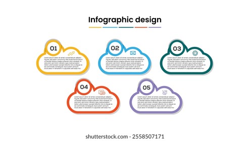 Business infographic template. 5 Step timeline journey. Process cloud shapes, 5 options on white background, Info graph elements vector illustration.