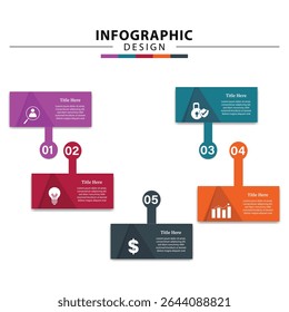 business infographic template, with 5 step timeline. vertical layout, speech bubbles, clean white background. ideal for process diagrams, marketing, reports, and social media posts.
