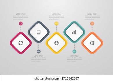 Business Infographic Template with 5 steps or processes elements. Can be used for annual report, flow charts, diagram, presentations, web sites. Vector illustration.