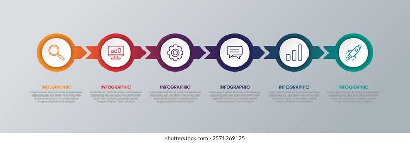 Business infographic template with 6 icons or options for presentation, chart, timeline infographic.