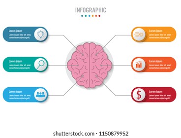 Business infographic template with 6 options brain shape, Abstract elements diagram or processes and business flat icon, Vector business template for presentation.Creative concept for infographic.
