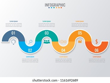 Business infographic template with 6 options curve line, Abstract elements diagram or processes and business flat icon, Vector business template for presentation.Creative concept for infographic.
