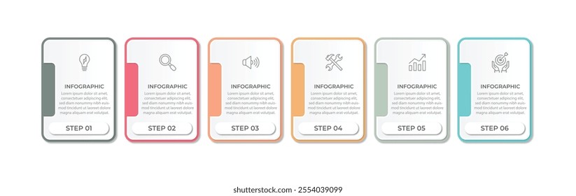 Business infographic template with 6 options, steps, process chart. Can be used for workflow layout, diagram, annual report, web design