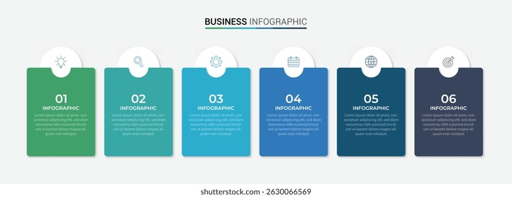 Business infographic template with 6 options, steps, process chart. Can be used for workflow layout, diagram, annual report, web design