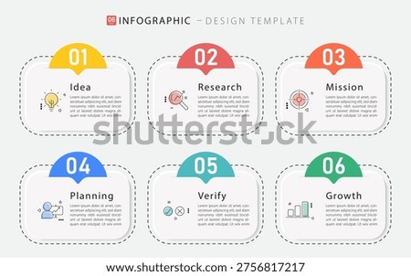 Business infographic template. 6 Step timeline journey. Process diagram, 6 options on white background, Infograph elements vector illustration.