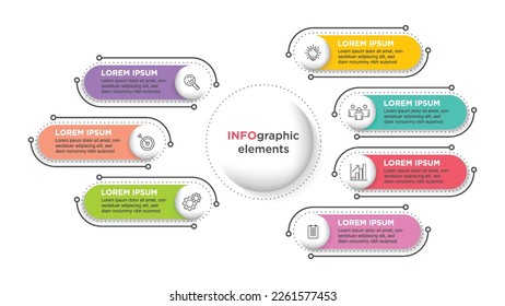 Business infographic template with 7 options. For content, diagram, flowchart, steps, parts, timeline infographics, workflow, chart.