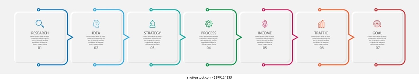 Optionen oder Schritte in der Business-Infografik-Vorlage 7. dünne Linie Design mit Symbolen, Text, Nummer. für Prozessdiagramme, Workflow-Layouts, Flussdiagramme, Infografiken, 
und Ihre Präsentationen