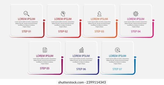 Optionen oder Schritte in der Business-Infografik-Vorlage 7. dünne Linie Design mit Symbolen, Text, Nummer. für Prozessdiagramme, Workflow-Layouts, Flussdiagramme, Infografiken, 
und Ihre Präsentationen