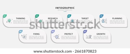 Business infographic template. 7 Step timeline journey. Process diagram, 7 options on white background, Infograph elements, technology, education, modern vector illustration.