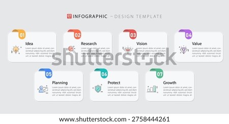 Business infographic template. 7 Step timeline journey. Process diagram, 7 options on white background, Infograph elements, technology, education, modern vector illustration.