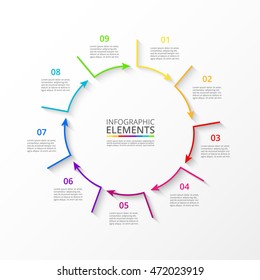 Business infographic template with 9 parts or processes. Data visualization. Can be used for workflow layout, number of options, steps, diagram, graph, presentation, training, round chart, web design.