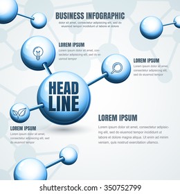 Business infographic template. Abstract vector molecular structure background. Concept for science, medical, biotechnology, chemical industry themes. Design for banner, brochure, presentation, flyer.