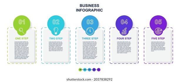 Business infographic template. Algorithm consisting of five steps. Graphic elements with bright icons and text for data visualization. Modern flat vector illustration isolated on white background
