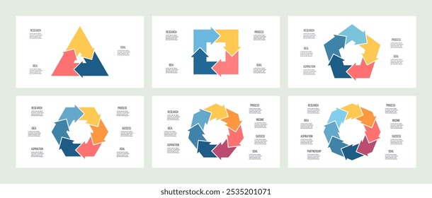 Business infographic template. Arrow chart, graph with 3, 4, 5, 6, 7, 8 steps, options, parts. Vector diagram.