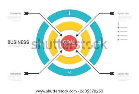 Business infographic template. Arrow target chart 4 steps options, presentation with icon vector illustration.