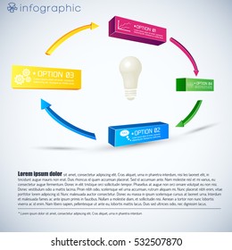 Business infographic template with bulb 3d colorful boxes clouds diagrams arrows four options isolated vector illustration