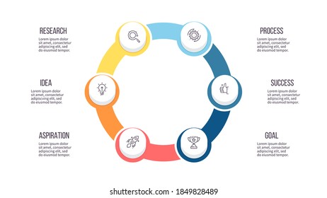 Infografik-Vorlage für Unternehmen. Diagramm mit 6 Schritten, Optionen, Abschnitten. Vektorgrafik.