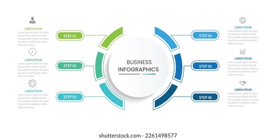 Business infographic template. Circle creative element design with marketing icons. Vector illustration 6 Steps.