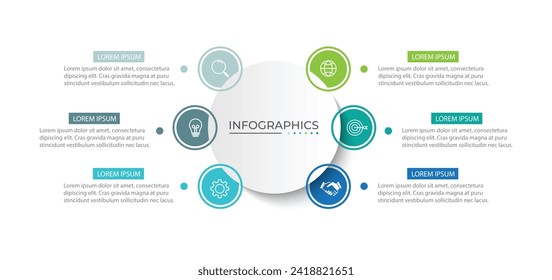 Infografik-Vorlage für Unternehmen. Kreatives Elementardesign mit Marketing-Symbolen. Vektorgrafik 6 Schritt.