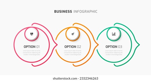 Business Infographic Template with Circle Label, Arrows, 3 Numbers and Icon for Presentation