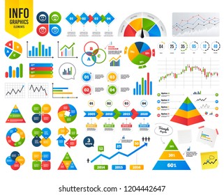 Business infographic template. Circle smile face icons. Happy, sad, cry signs. Happy smiley chat symbol. Sadness depression and crying signs. Financial chart. Time counter. Vector