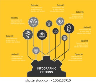 Business infographic template with circular shape. Can be used for workflow layout, diagram, number options, 9 options or steps, web design. illustration, EPS10