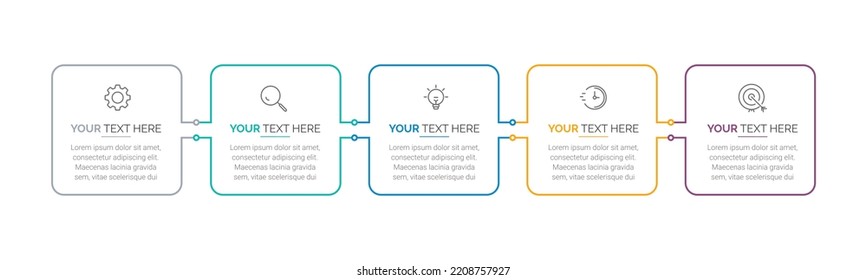 Plantilla de información empresarial. Concepto de negocio con 5 opciones. Visualización de datos empresariales. Gráfico de procesos. Resumen de elementos del gráfico, diagrama con pasos, opciones, partes o procesos.