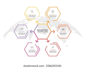 Business infographic template. Concept with 6 martketing icons or options. Can be used for workflow layout, graph, presentation chart diagram, annual report, web design, steps or processes.