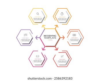 Business infographic template. Concept with 6 martketing icons or options. Can be used for workflow layout, graph, presentation chart diagram, annual report, web design, steps or processes.