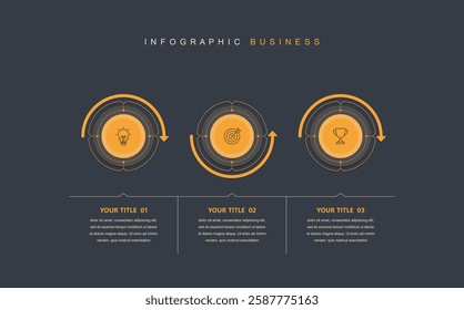 Business infographic template concept with icons and 3 step, workflow layout, circle, diagram, report, Company flowchart presentation slide, vector, illustration.