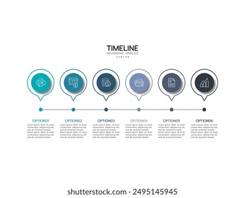 Business infographic template. Concept thin line process with square template. Timeline processes with 6 options, steps or parts and finance icons.