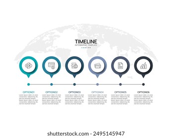 Business infographic template. Concept thin line process with square template. Timeline processes with 6 options, steps or parts and finance icons.