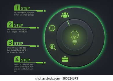 Business infographic template with control button four options and icons on dark background vector illustration