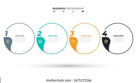 Business Infographic template. Creative design label with circle and number options. Timeline with 4 options, steps or processes. Vector illustration.